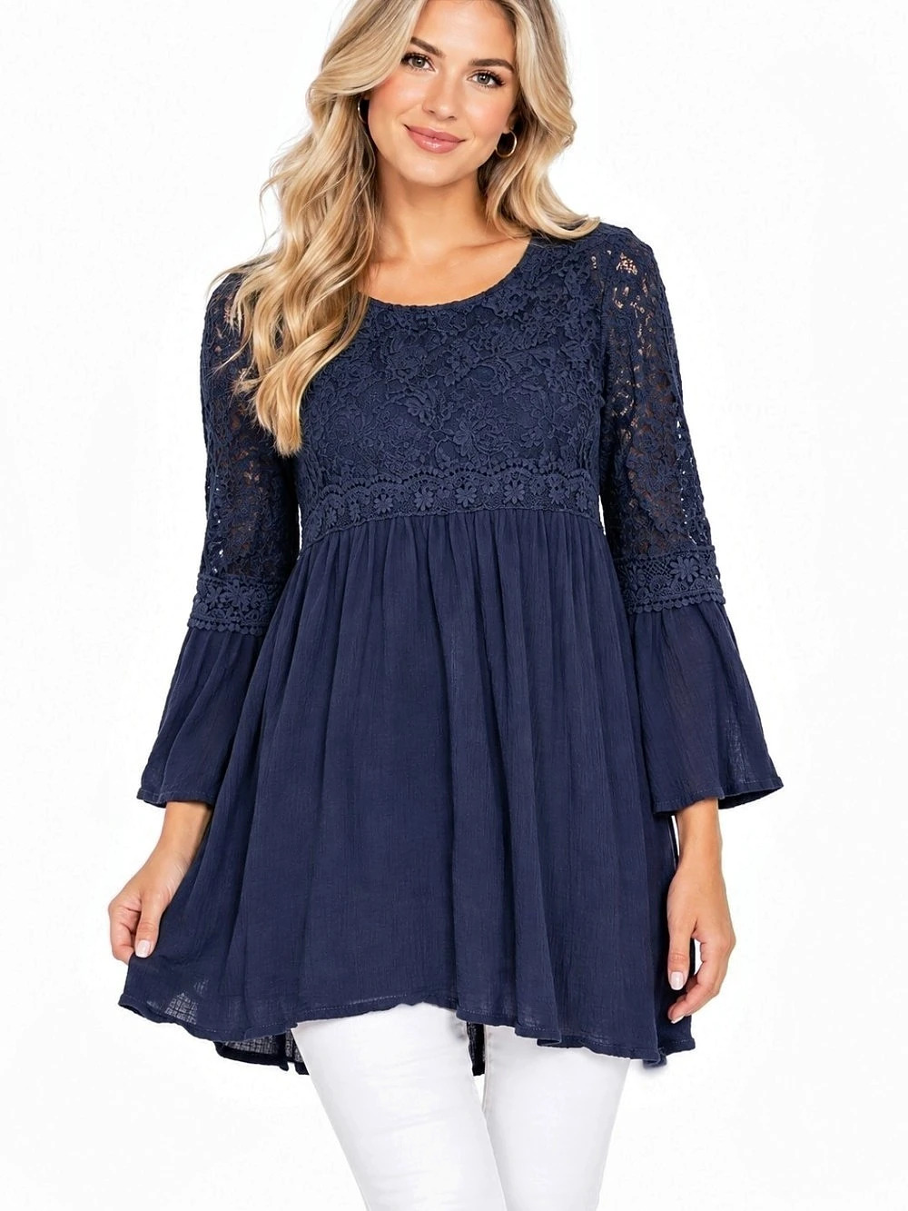 Nwt Indigo Thread Co. Navy Blue Lace Yoke Bell Sleeve Babydoll Dress Navy (Med)